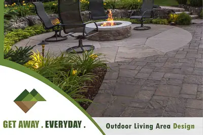 Backyard patio and fire feature. Pavers, flagstone, natural rock, planting