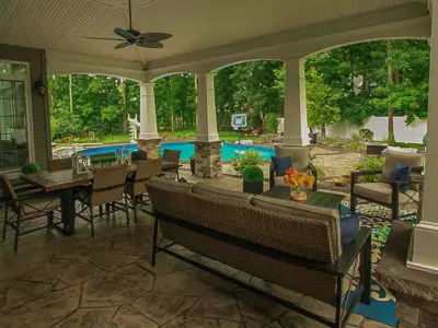 Outdoor living area, landscaping, inground pool