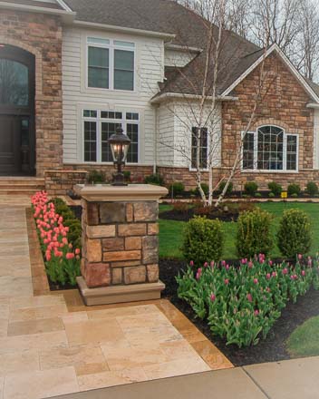 Front yard landscaping, natural stone pillar, natural stone walkway