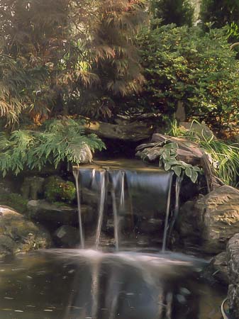 water feature, waterfall, backyard landscaping, natural rock
