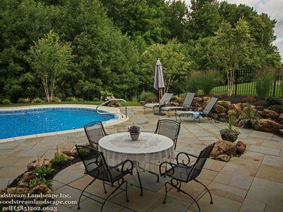 outdoor living area with Pool, flagstone patio, landscaping