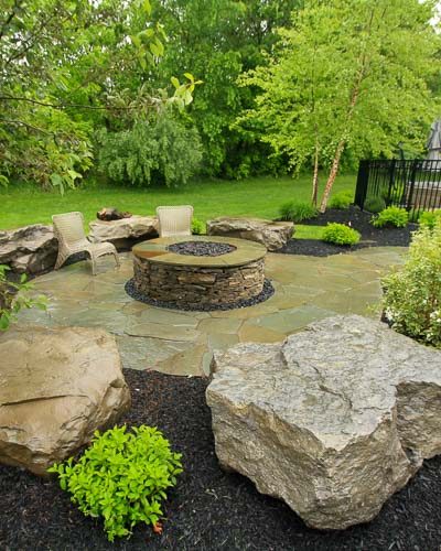 Stone firepit, flagstone patio, landscaping